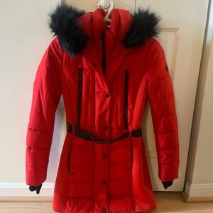 Michael Kors Red Puffer Jacket with Black Faux Fur Hood